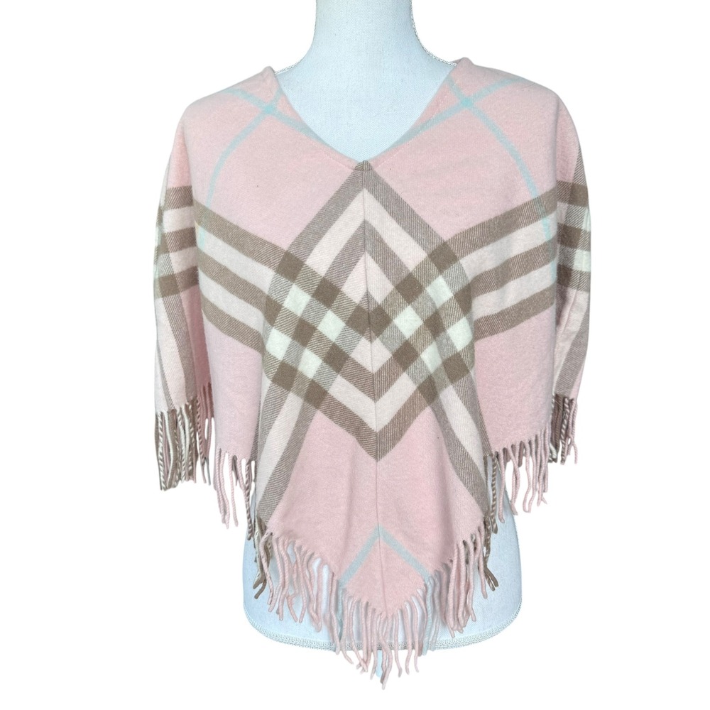 Burberry London Pink Check Merino Wool Cashmere Fringe Poncho Wrap Made Scotland